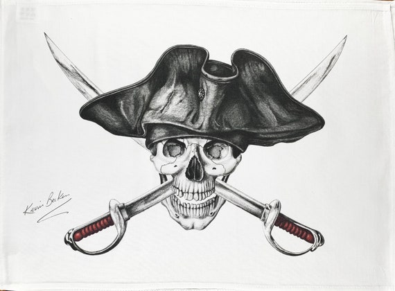 Half a Donkey Hand Drawn Pirate Skull in a Tricorn Hat Large Cotton Tea Towel
