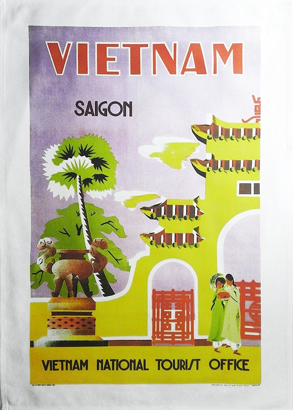 Vietnam - Large Cotton Retro Travel Poster Tea Towel