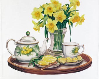 Daffodils at Tea Time large cotton tea towel