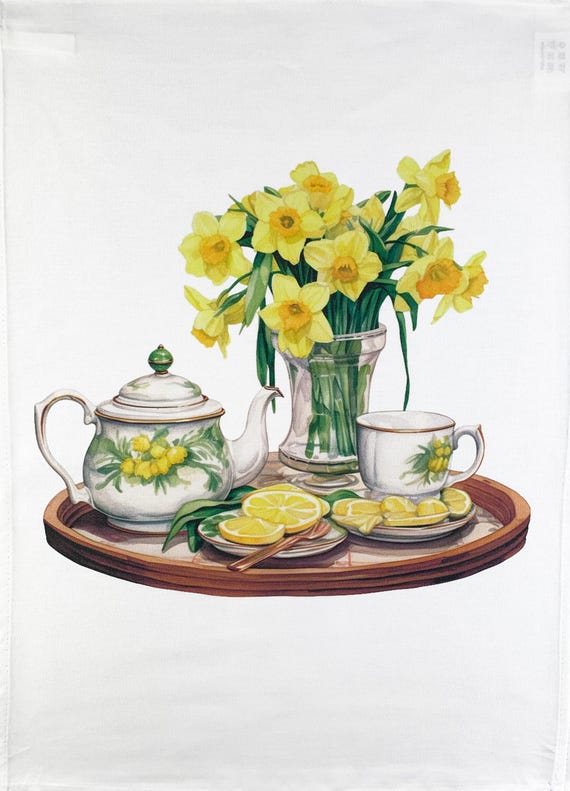 Daffodils at Tea Time large cotton tea towel