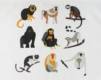 The Monkey, Ape and Gorilla Collection - Retro Style Large Cotton Tea Towel