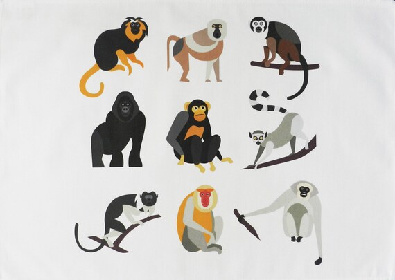 The Monkey, Ape and Gorilla Collection - Retro Style Large Cotton Tea Towel