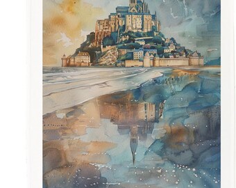 Mont Saint‑Michel Tea Towel –Watercolour French Landmark Design in 100% Cotton
