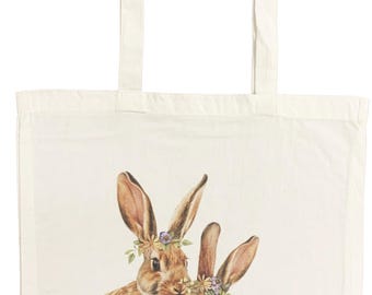 Floral Bunny Portrait Cotton Tote Bag – Eco-Friendly Shopping
