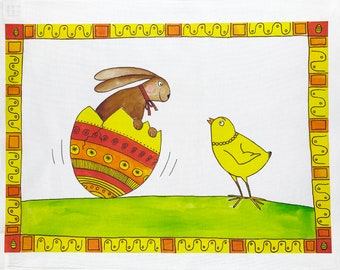 The Easter Bunny meets a chick large cotton tea towel