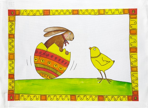 The Easter Bunny meets a chick large cotton tea towel
