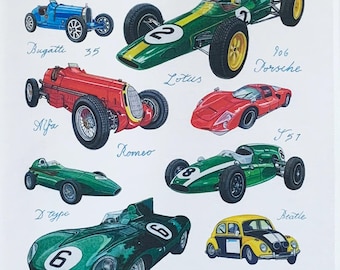 Classic Racing Cars Large Cotton Tea Towel