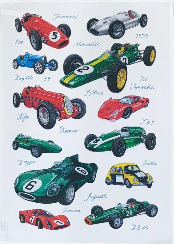 Classic Racing Cars Large Cotton Tea Towel