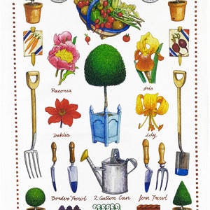 May include: A decorative illustration featuring gardening tools, vegetables, and flowers. Includes a basket of produce, a watering can, trowels, and a variety of plants labeled Paeonia, Dahlia, Iris, and Lily. The text includes "BLENHEIM ORANGE" and "CLOIRE DE DIJON".