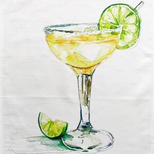 May include: Watercolor illustration of a margarita cocktail in a stemmed glass, garnished with a lime slice. The glass rim is coated with salt. A lime wedge rests near the glass. The drink has a yellow hue.