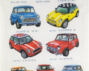 Hand Drawn Minis Car Collection Large Cotton Tea Towel