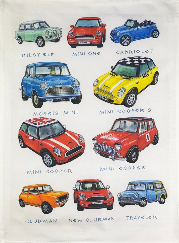 Hand Drawn Minis Car Collection Large Cotton Tea Towel