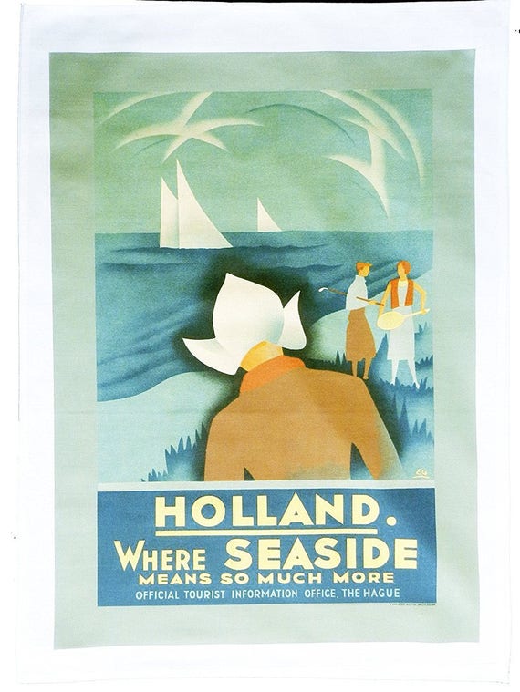Holland Retro Travel Poster Tea Towel: Dutch Seaside Cotton