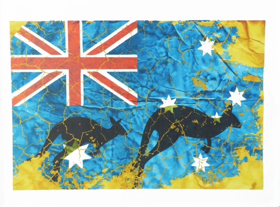 Australia - Flag and Kangaroos- Large Cotton Tea Towel