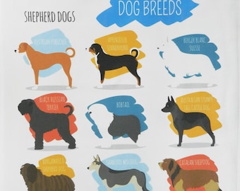 Breeds of Shepherd Dogs -Large Cotton Tea Towel