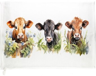 Large Cotton Tea Towel with Cows, White, 65 x 47cm, Rectangular, 100% Cotton