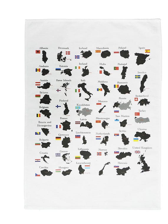 Countries of Europe with borders, flags and capitals - Educational Cotton Tea Towel