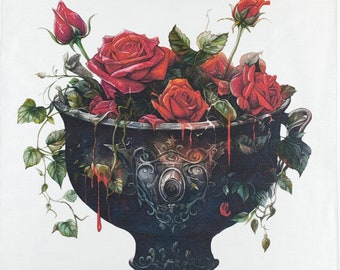 A Cauldron of Gothic Red Roses large cotton tea towel