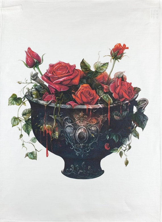 A Cauldron of Gothic Red Roses large cotton tea towel