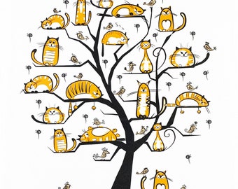 Cats in a Tree Large Cotton Tea Towel