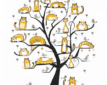 Cats in a Tree Large Cotton Tea Towel