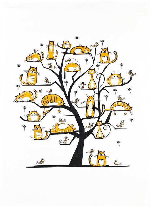 Cats in a Tree Large Cotton Tea Towel