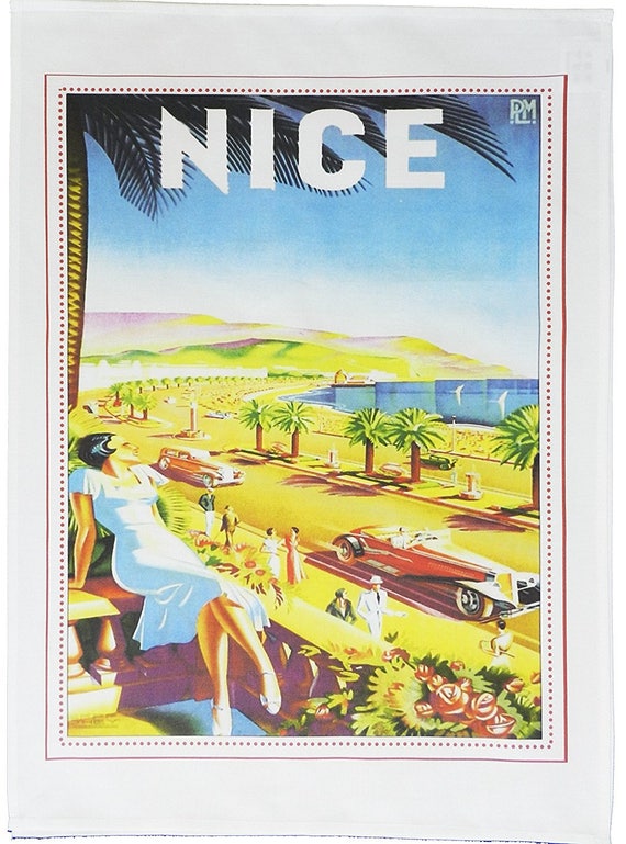 Nice - Retro Style Travel Poster Large Cotton Tea Towel