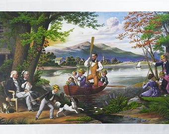 Retro Style Victorian Family Day out at the Lake - Large Cotton Tea Towel