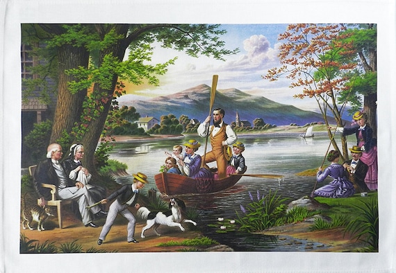 Retro Style Victorian Family Day out at the Lake - Large Cotton Tea Towel