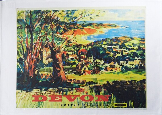 Devon - Retro Style Travel Poster Large Cotton Tea Towel by Half a Donkey