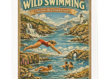 Wild Swimming Cornish Coast Cotton Tea Towel – Vintage Coastal Poster Design