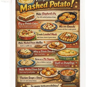 May include: A retro poster on a wooden background detailing various mashed potato recipes. Recipes include Shepherd's Pie, potato cakes, waffles, pancakes, and dumplings. The title reads "Things to Do with Mashed Potato!"