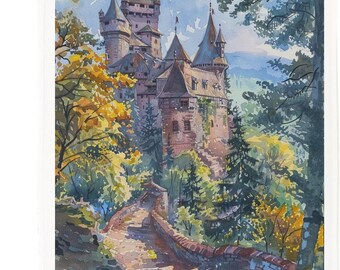 Alsace France Cotton Tea Towel – Watercolour Castle Design Kitchen Décor