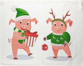 Christmas Pigs in knitwear Large Cotton Tea Towel
