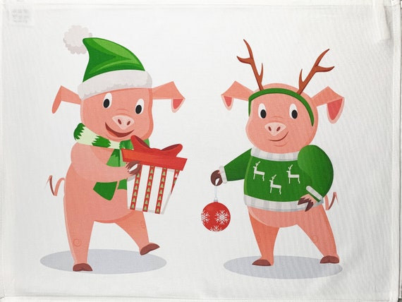 Christmas Pigs in knitwear Large Cotton Tea Towel