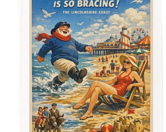 Skegness vintage‑style travel poster style cotton tea towel