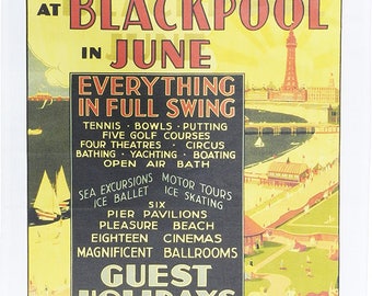 Blackpool - everything in full swing - Retro Style Travel Poster Large Cotton Tea Towel