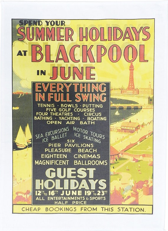 Blackpool - everything in full swing - Retro Style Travel Poster Large Cotton Tea Towel