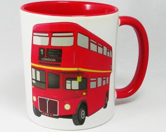 Iconic London Red Route Master Bus Mug with red Glazed Handle and Inner