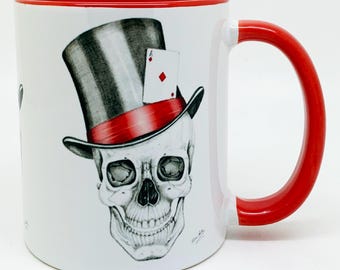 Hand Drawn Skull in Top Hat Mug with red Glazed Handle and Inner