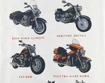Hand drawn Classic Motorbikes Large Cotton Tea Towel