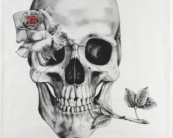 Hand Drawn Skull Under the Rose Large Cotton Tea Towel