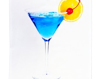 Shaken, but not stirred Blue Cocktail Drink Large Cotton Tea Towel