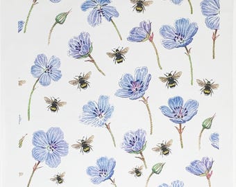 Buzzy Bees in the flowers Large Cotton Tea Towel