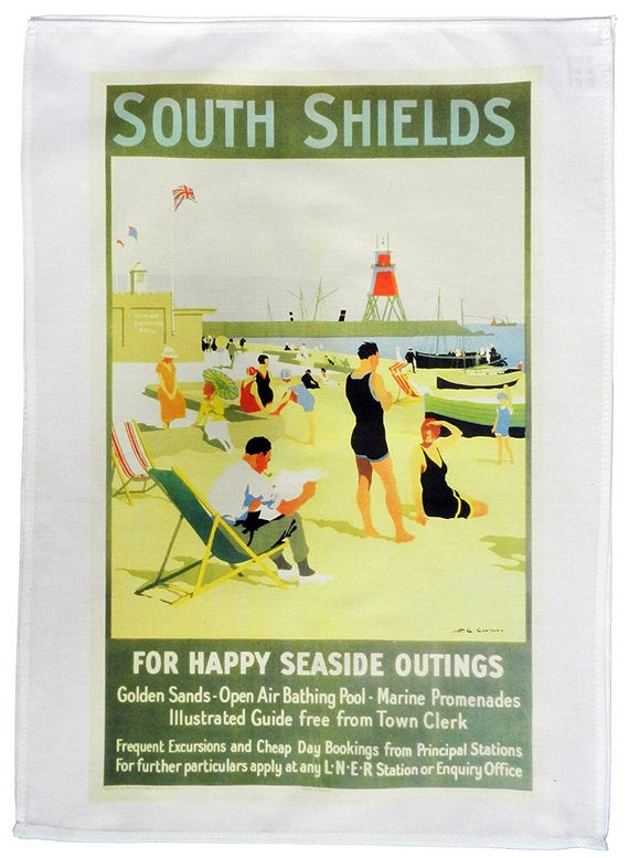 South Shields- for happy seaside outings - Retro Style Travel Poster Large Cotton Tea Towel