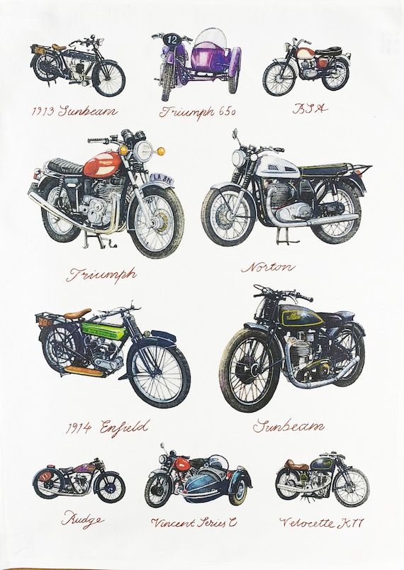 British Motorcycles Cotton Tea Towel: Vintage Motorbike Art