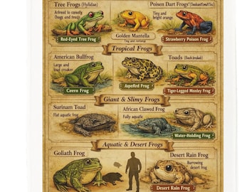 Types of Frogs Cotton Tea Towel – Illustrated Educational Frog Species Chart Kitchen Linen