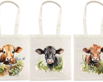 Cotton Tote Bag with Cow Design, 38 x 43 cm, choice of assorted designs