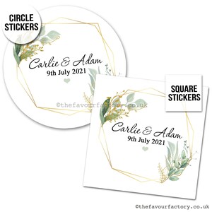 Personalised Wedding Favour Stickers | Envelope Invitation Seals | Geometric Botanicals Design | Gloss Finish Pre Cut 1x A4 Sheet.