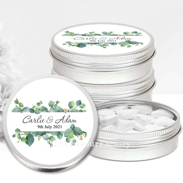 Personalised Wedding Favours Mint Tins Heart Mints Guest Table Favour Thank You Gift Botanicals Eucalyptus Leaves Banner x1